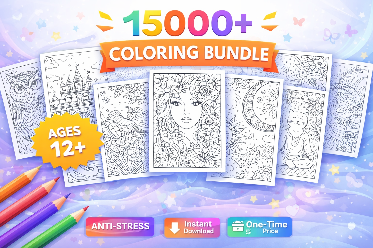 15000+ Coloring Pages Bundle | Adult Coloring Book Printable | Stress Relief & Relaxation | Mandala, Floral, Fantasy Art | Instant Download