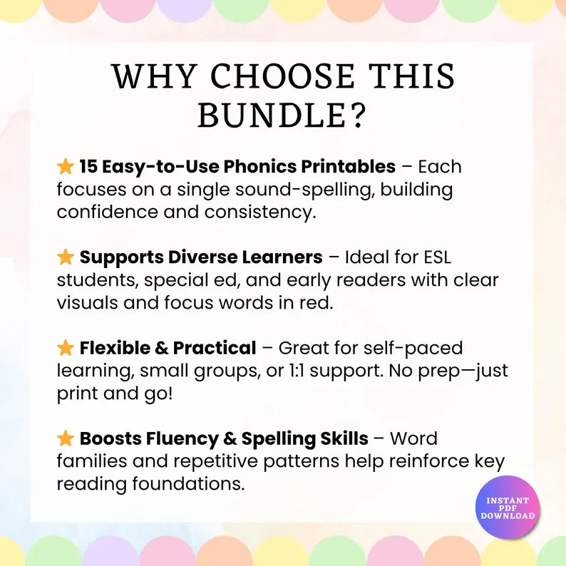 Phonics Mastery Bundle – 15 Sets, 64+ Pages | Learn to Read, Sight Words & CVC Activities (Ages 5–7) | Printable PDF | Instant Download