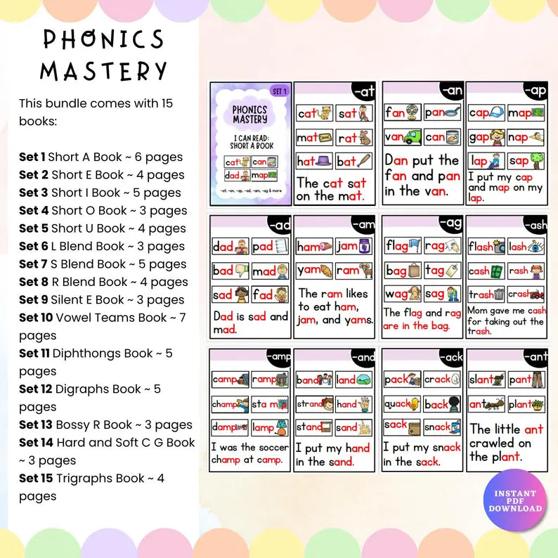 Phonics Mastery Bundle – 15 Sets, 64+ Pages | Learn to Read, Sight Words & CVC Activities (Ages 5–7) | Printable PDF | Instant Download